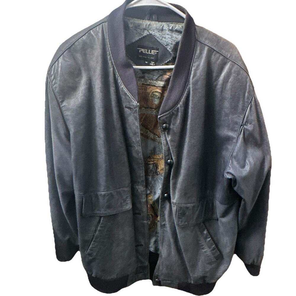 Pelle Mens M Genuine Leather Bomber Jacket Black Snap Front Missing 2 Buttons